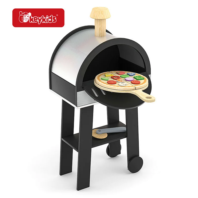 2026 Modern Wooden Pizza Oven Play Set, Kids Pretend Play Pizza Maker Toy with Wheels & Interactive Timer for Toddlers W10L144